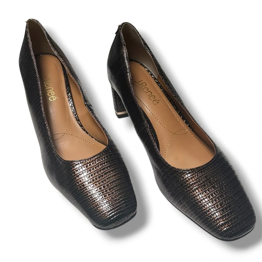 J. Renee Bronze Metallic Lizard Embossed Square Toe Block Heel Pumps